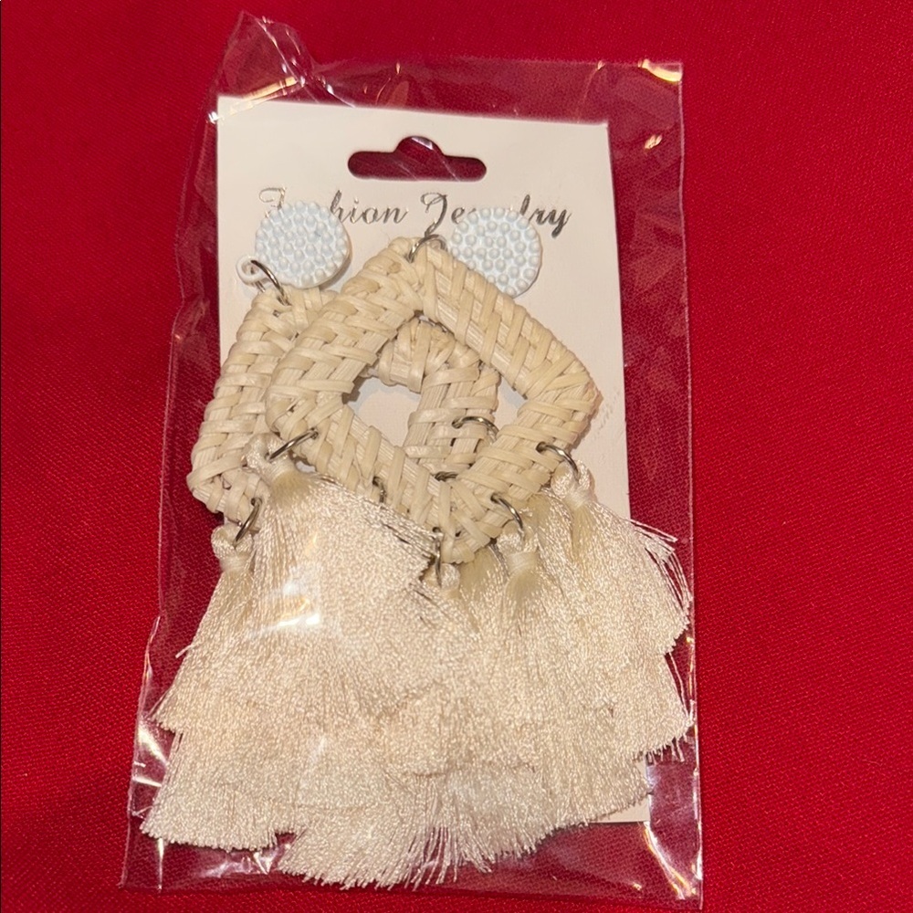 Woven Cream Tassel Earrings